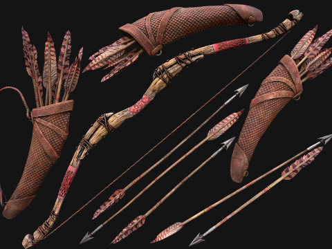 Wooden Bow and Quiver Medieval Archer Weapons 3D Modell
