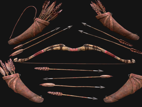 Wooden Bow and Quiver Medieval Archer Weapons 3D Model