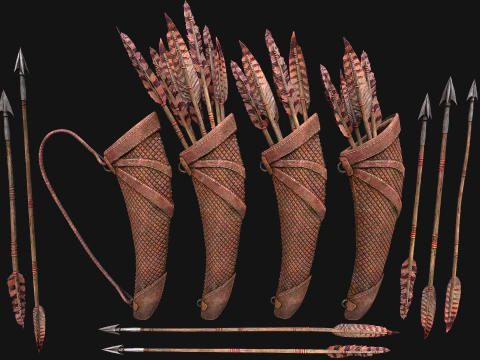 Wooden Bow and Quiver Medieval Archer Weapons 3D Model