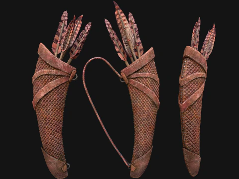 Wooden Bow and Quiver Medieval Archer Weapons 3D Model