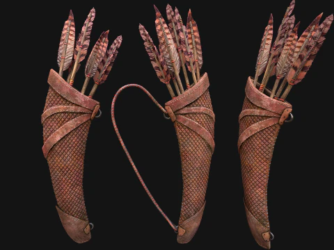 Wooden Bow and Quiver Medieval Archer Weapons 3D Model