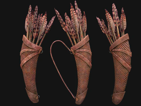 Wooden Bow and Quiver Medieval Archer Weapons 3D Model