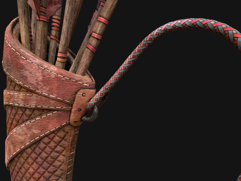 Wooden Bow and Quiver Medieval Archer Weapons 3D Model
