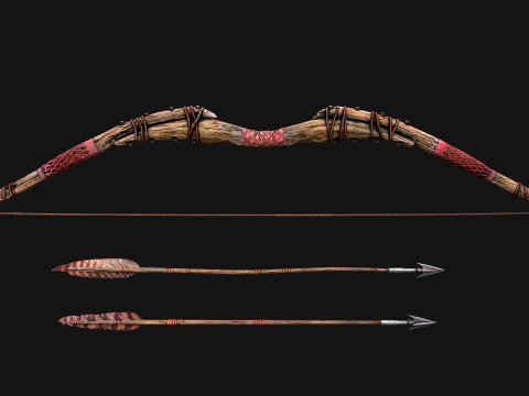 Wooden Bow and Quiver Medieval Archer Weapons 3D Model