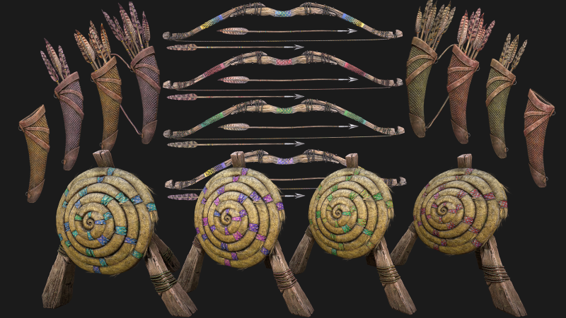 Archer Set Bow QuiverStraw Target Arrows Medieval Weapons 3D Model .c4d .max .obj .3ds .fbx .stl .blend 