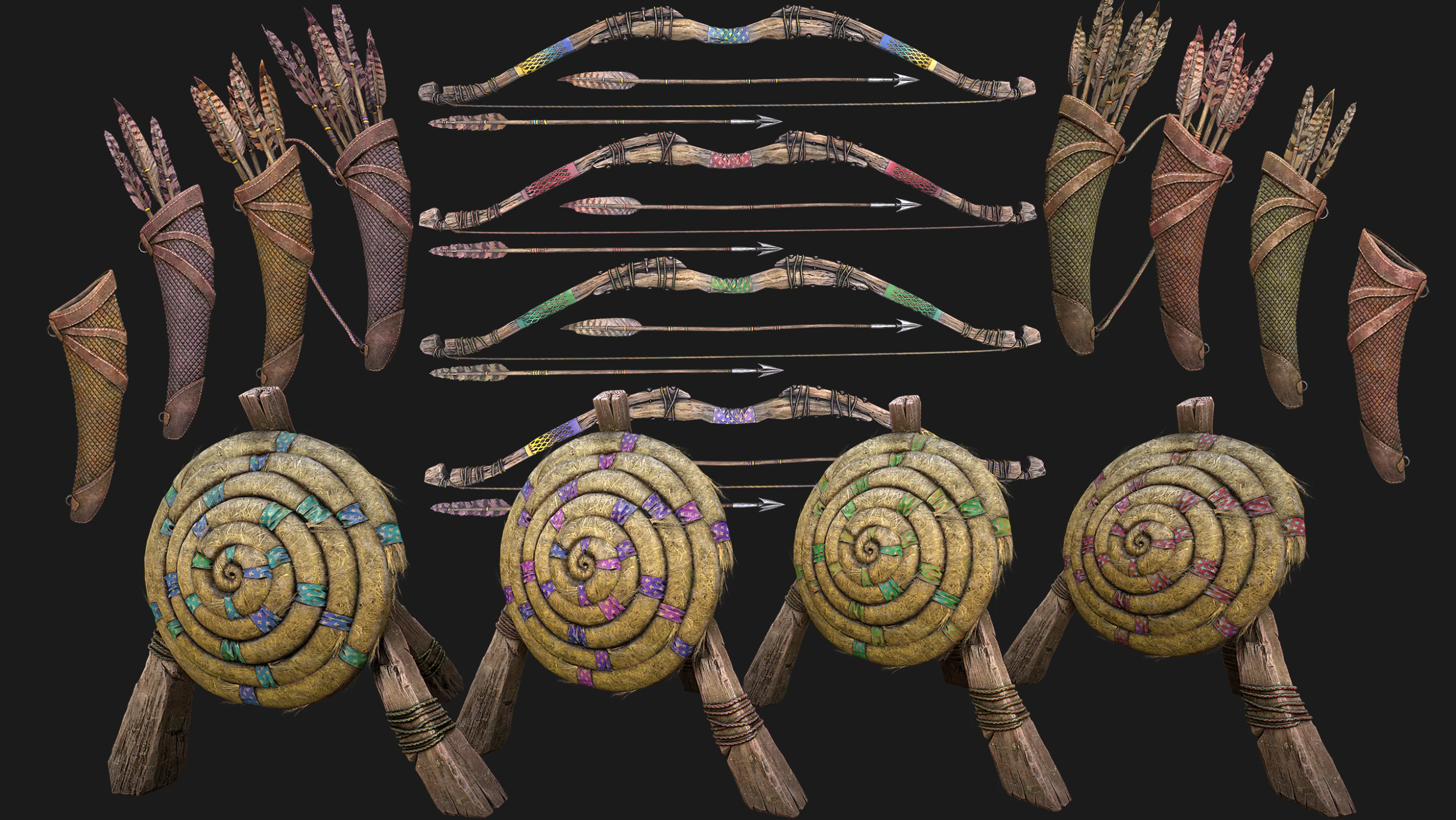 Archer Set Bow QuiverStraw Target Arrows Medieval Weapons 3D Model .c4d .max .obj .3ds .fbx .stl .blend 