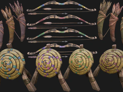 Archer Set Bow QuiverStraw Target Arrows Medieval Weapons 3D Model