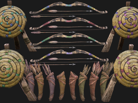Archer Set Bow QuiverStraw Target Arrows Medieval Weapons 3D Model
