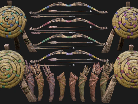 Archer Set Bow QuiverStraw Target Arrows Medieval Weapons 3D Model