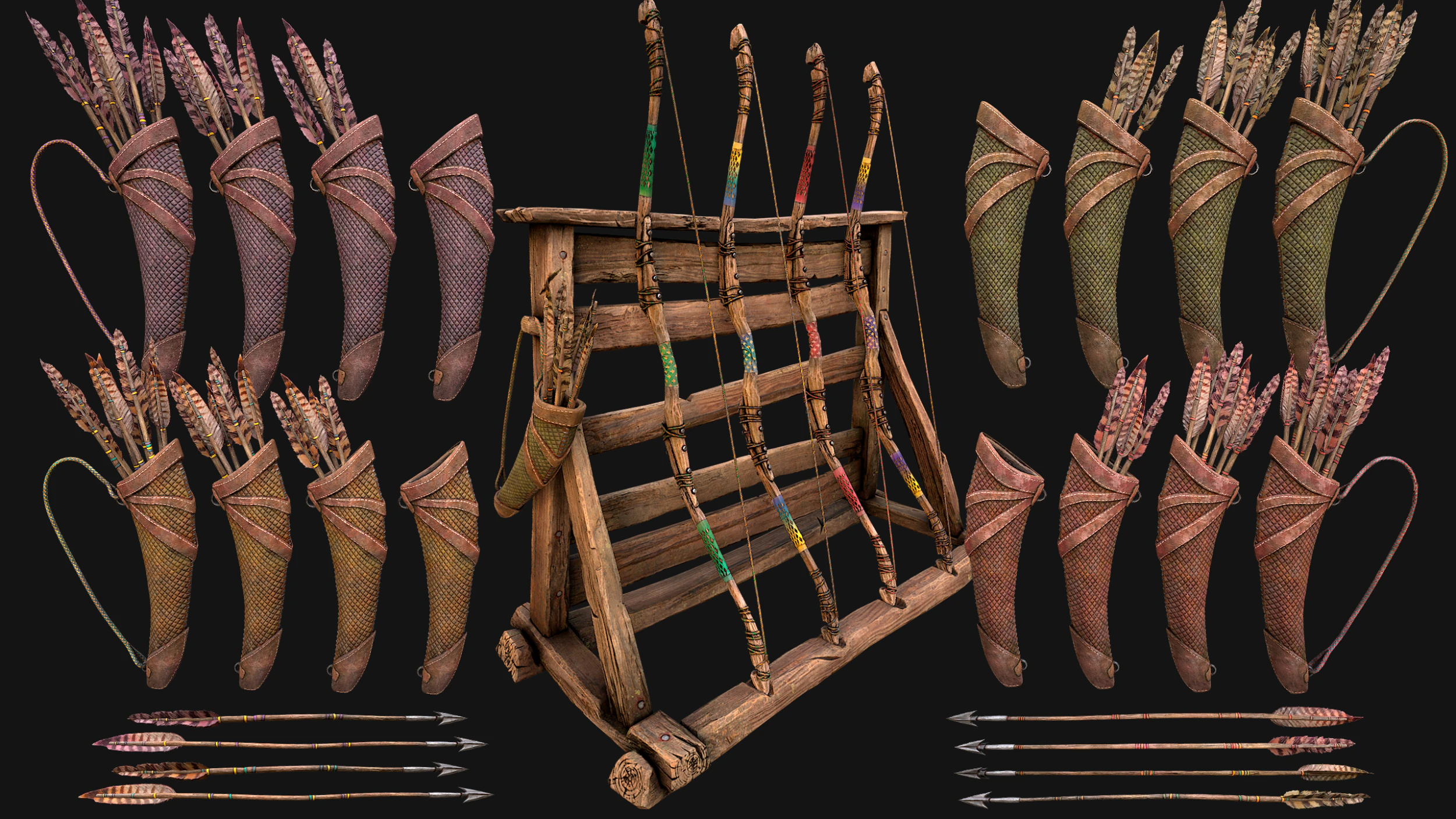 Medieval Armory Rack Stand Weapons Bow Bows Archer Pack 3D Model .c4d .max .obj .3ds .fbx .stl .blend