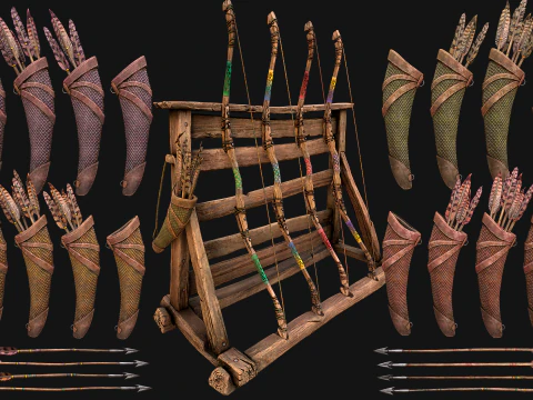 Medieval Armory Rack Stand Weapons Bow Bows Archer Pack 3D Model