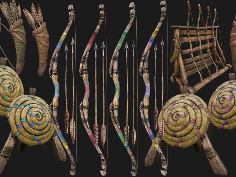 Medieval Collection Weapons Archer Bow Arrows Target Quiver 3D 模型