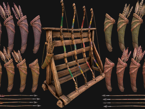 Medieval Collection Weapons Archer Bow Arrows Target Quiver 3D 모델