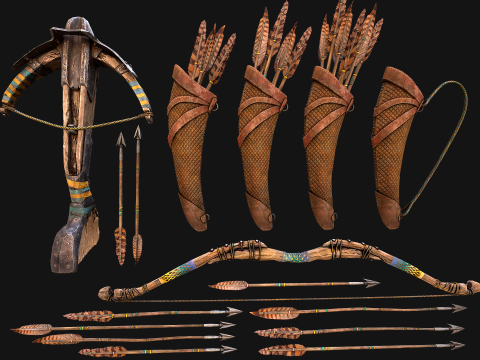 Bow Crossbow Quiver Arrows Archer Medieval Set Modelo 3D
