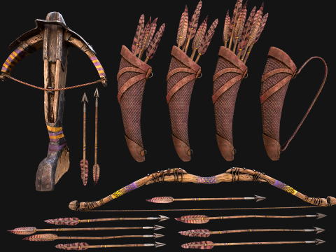 Bow Crossbow Quiver Arrows Archer Medieval Set Modelo 3D