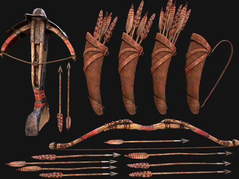 Bow Crossbow Quiver Arrows Archer Medieval Set Modelo 3D