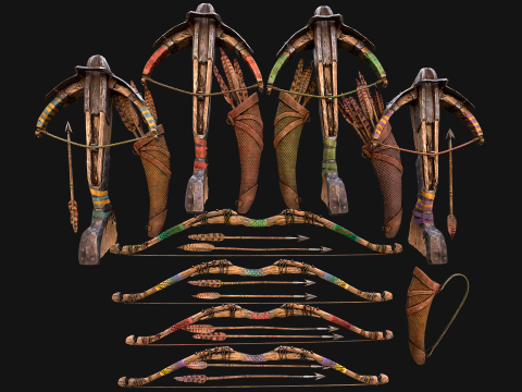 Bow Crossbow Quiver Arrows Archer Medieval Set Modelo 3D