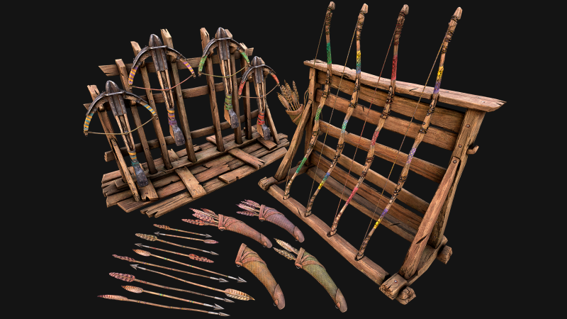 Medieval Armory Bow Crossbow Weapon Rack 3Dモデル .c4d .max .obj .3ds .fbx .stl .blend