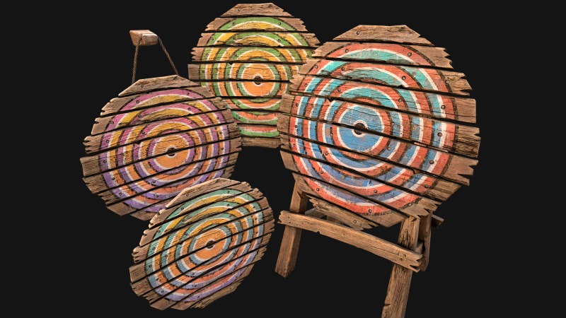 Set balestriere per tiro con l'arco con bersaglio in legno medievale Modello 3D .c4d .max .obj .3ds .fbx .stl .blend