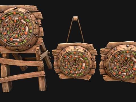 Mittelalterliche hölzerne Zielpfeile, Dartscheibe, Messemöbel 3D Modell