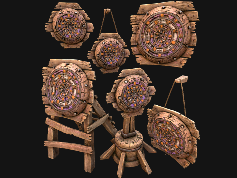 Medieval Wooden Target Dartboard Shooting Range Furniture 3D Model