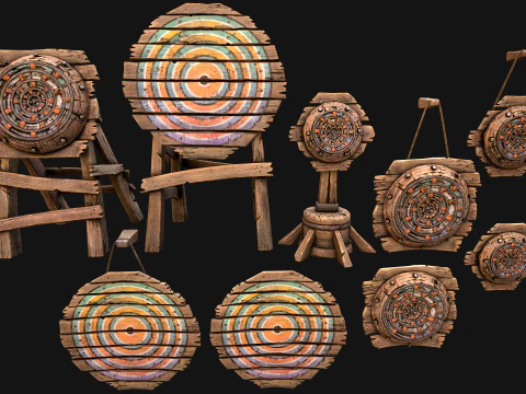Medieval Wooden Target Shooting Range Environment Furniture Set 3D Model