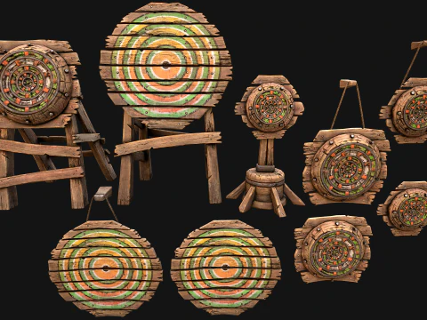 Medieval Wooden Target Shooting Range Environment Furniture Set 3D Model
