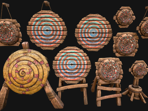 Pack de meubles de stand de tir sur cible en bois médiéval Modèle 3D