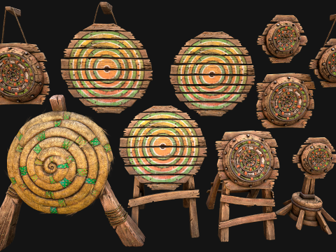 Pack de meubles de stand de tir sur cible en bois médiéval Modèle 3D