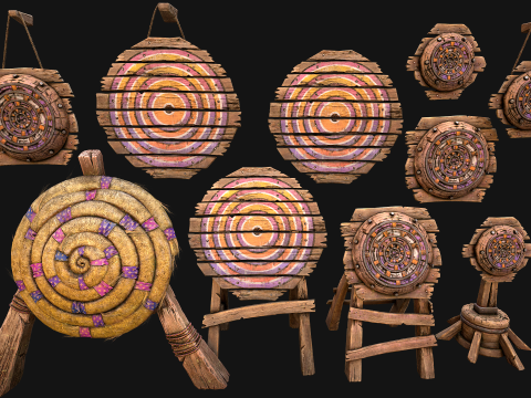 Pack de meubles de stand de tir sur cible en bois médiéval Modèle 3D