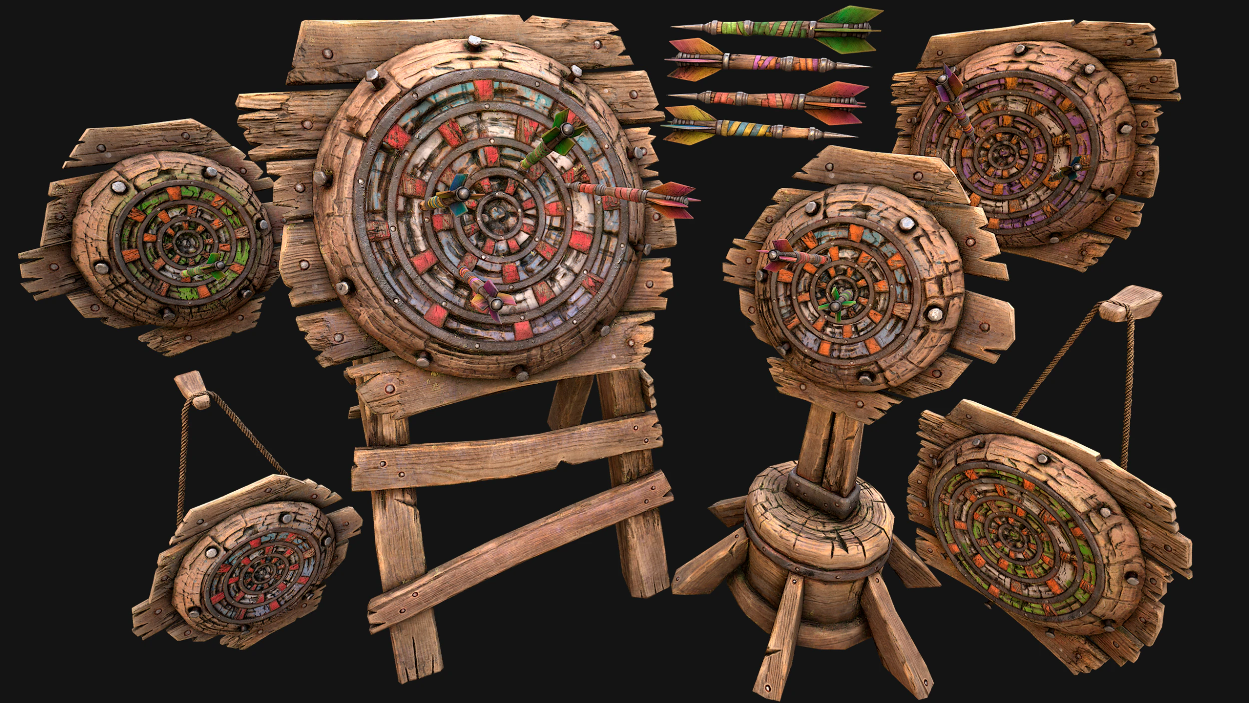 Darts and Dart Board Shooting Range Target Set 3D Model .c4d .max .obj .3ds .fbx .stl .blend 