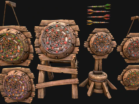 Darts and Dart Board Shooting Range Target Set 3D Model