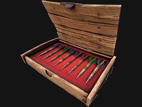 Bo&icirc;te de fl&eacute;chettes m&eacute;di&eacute;vale en bois, jeu de fl&eacute;chettes Modèle 3D