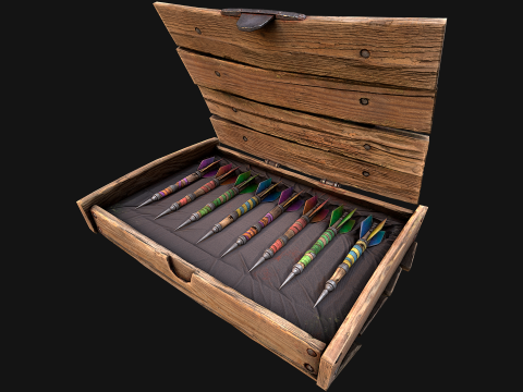 Bo&icirc;te de fl&eacute;chettes m&eacute;di&eacute;vale en bois, jeu de fl&eacute;chettes Modèle 3D