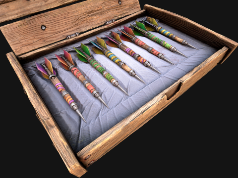 Bo&icirc;te de fl&eacute;chettes m&eacute;di&eacute;vale en bois, jeu de fl&eacute;chettes Modèle 3D