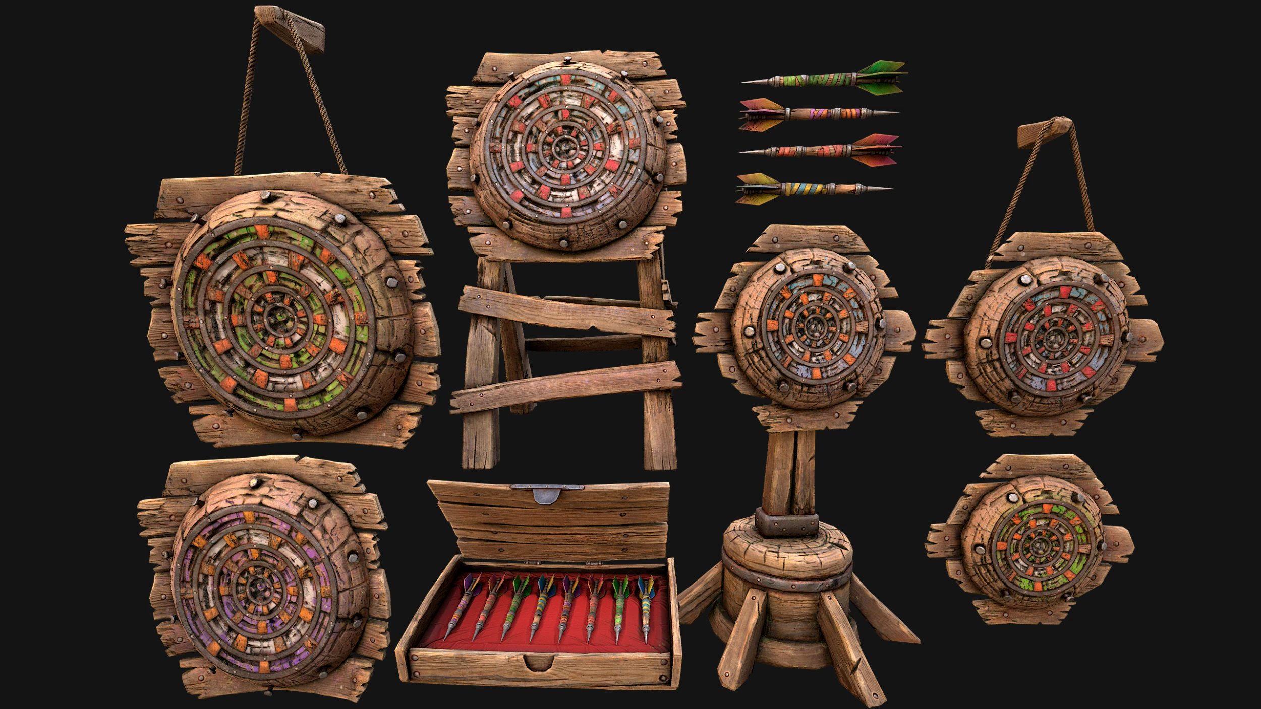 Medieval Target Dart Board Darts Set 3D Model .c4d .max .obj .3ds .fbx .stl .blend 