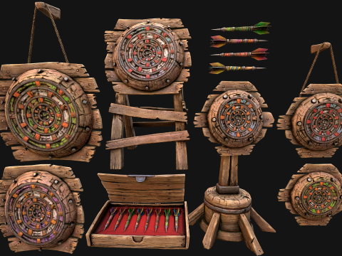Medieval Target Dart Board Darts Set 3D Model