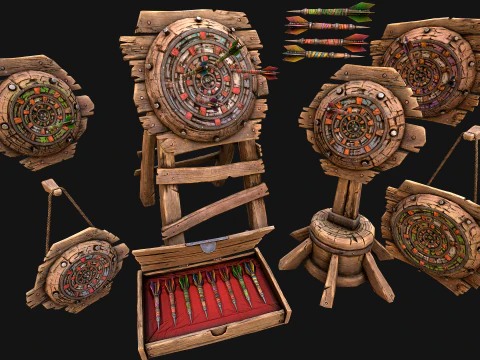 Medieval Target Dart Board Darts Set 3D Model