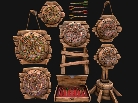 Medieval Target Dart Board Darts Set 3D Model