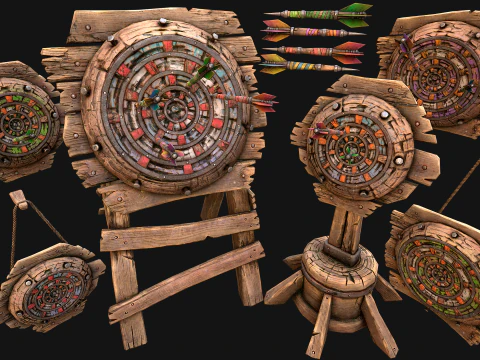 Medieval Target Dart Board Darts Set 3D Model