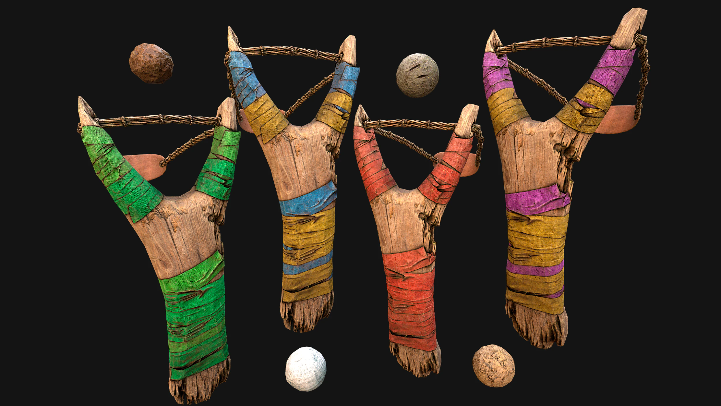 Medieval Wooden Slingshot Colored Set Pack 3D Model .c4d .max .obj .3ds .fbx .stl .blend 