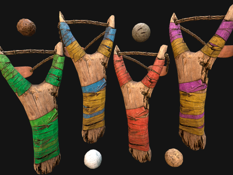 Medieval Wooden Slingshot Colored Set Pack 3D Model