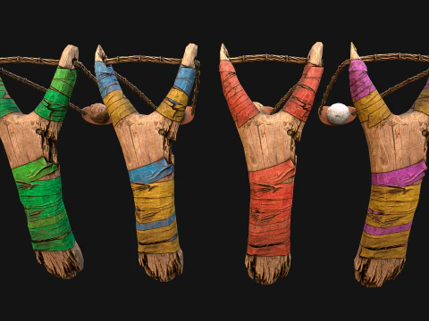 Medieval Wooden Slingshot Colored Set Pack 3D Model