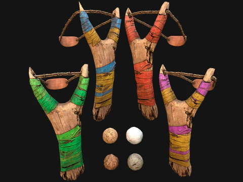 Medieval Wooden Slingshot Colored Set Pack 3D Model