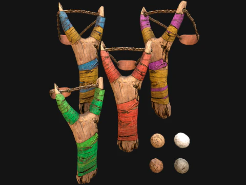 Medieval Wooden Slingshot Colored Set Pack 3D Model