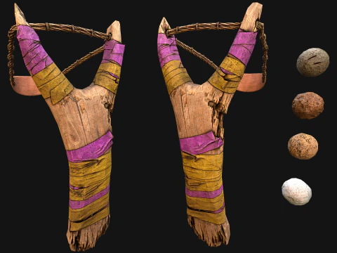 Medieval Wooden Slingshot Colored Set Pack 3D Model