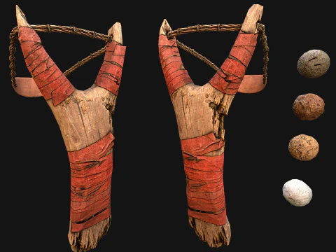 Medieval Wooden Slingshot Colored Set Pack 3D Model