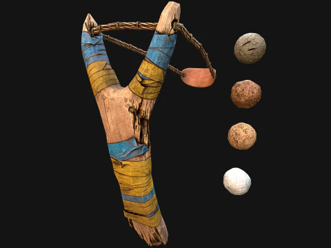 Medieval Wooden Slingshot Colored Set Pack 3D Model