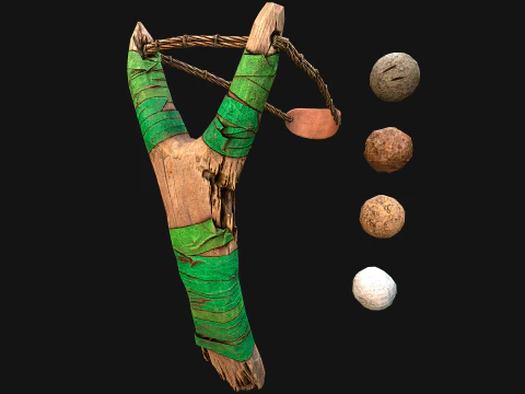 Medieval Wooden Slingshot Colored Set Pack 3D Model
