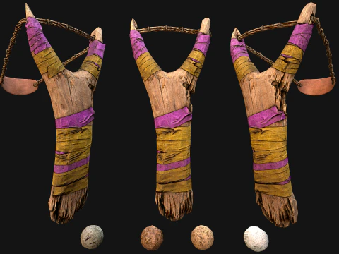 Medieval Wooden Slingshot Colored Set Pack 3D Model